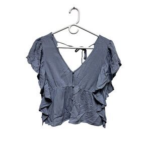 CNV) NWT Altar'd State XS Blouse Top Ruffle Blue Short Sleeve Peplum V Back‎ New